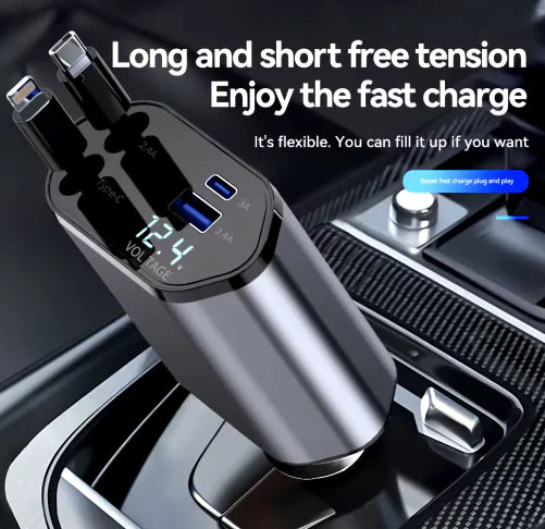 Retractable Car Charger - 4 in 1 Car Charger Adapter with Type-C