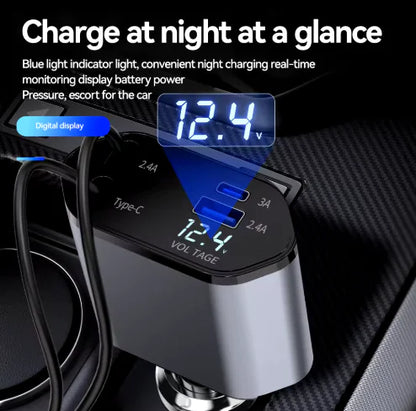 Retractable Car Charger - 4 in 1 Car Charger Adapter with Type-C